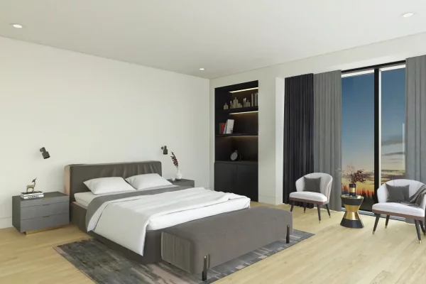 Interior rending of 4 Lifts' master bedroom.